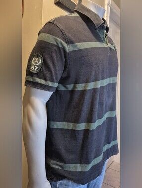 Express Navy Polo with Teal Horizontal Stripes